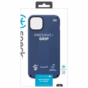 Speck Presidio2 Grip vāciņš ierīcei iPhone 15 Plus / 14 Plus, ar neslīdošu satvērienu, “Coastal Blue / Black / White” krāsu kombinācija
