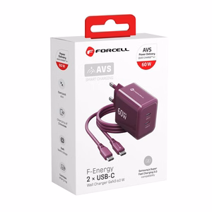 Bordo krāsas 60 W sienas lādētājs Forcell F-Energy GaN III Crystal Color VT-60, 2 × USB-C, AVS/PPS, ar 1 m 60 W silikona USB-C–USB-C kabeli