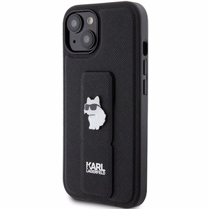 Karl Lagerfeld Gripstand Saffiano Choupette Pins viedtālruņa apvalks iPhone 15 - melns