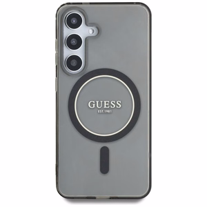 Guess mirdzošs apļa klasiskā logotipa magnētiskais viedtālruņa apvalks Samsung Galaxy S25 melns