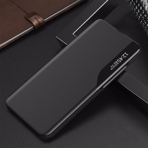 Eco ādas View apvalks elegants apvalks ar atloku un statīvu iPhone 16e - melns