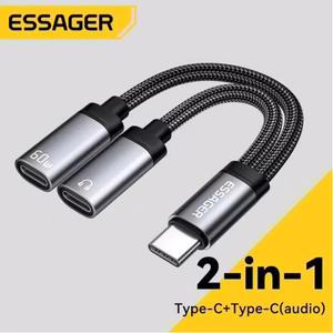 Adapteris Essager Dual String2 melns (In: Male Type-C / Out: Female 2xType-C)