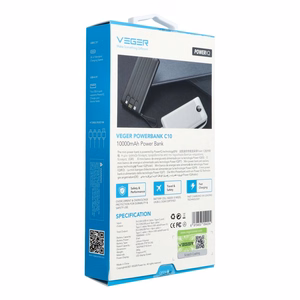 VEGER portatīvais lādētājs 10000 mAh ar iebūvētiem kabeļiem Micro USB / Type C / Lightning C10 (W1116) melna