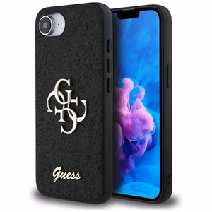Guess Fixed Glitter Big 4G viedtālruņa apvalks iPhone 16e - melns
