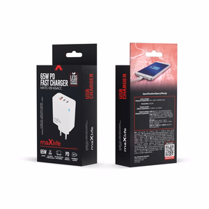 Maxlife MXTC-09-65ACC GaN PD QC lādētājs 2x USB-C 1x USB 65W balts