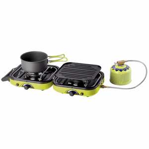 Meva DUAL COMPACT + GRILL tūrisma gāzes plīts gāzes kasetnēm, salokāms 2 degļu modelis ar grila plāksni