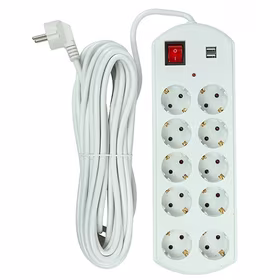 Extension cord 10m, 10 sockets, 2x USB, ar switch