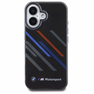 BMW Motosport IML nejaušas svītras iPhone 16 apvalks - melns