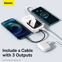 Baseus Qpow ar digitālo indikatoru portatīvais lādētājs ar ātru uzlādi 20000mAh 22.5W QC/PD/SCP/FCP ar iebūvētu USB-C kabeli balta