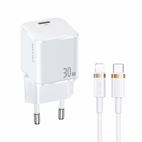USAMS Tīkla lādētājs 1xUSB-C T45 30W PD3.0 Fast Charging +kabelis U63 USB-C/Lightning balts UXTZH02 (USAMS-UX)