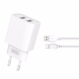 XO sienas lādētājs CE02C 2x USB 2,1A, balts + microUSB kabelis