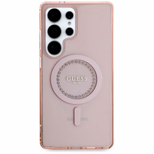 Guess Kristāli Drukāts Klasiskais Logotips Magnētiskais Samsung Galaxy S25 Ultra Viedtālruņa apvalks rozā