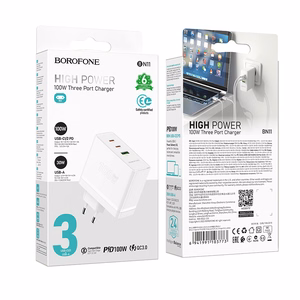 Borofone sienas lādētājs BN11 Imperial - USB + 2xType C - QC 3.0 PD 100W balts