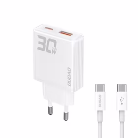 GaN Dudao A30EUT 30W USB-A / USB-C sienas lādētājs + USB-C - USB-C kabelis - balts