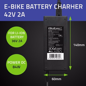 Qoltec 50760 – elektriskā velosipēda akumulatora lādētājs, 36 V / 42 V, 2 A, 5.5×2.1 mm savienotājs