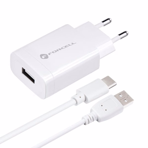 FORCELL F-ENERGY TFK-TC-1099 ceļojumu lādētājs USB A + kabelis USB A uz Type C QC3.0 2,4A 18W balts