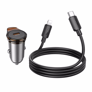 Automobiļa lādētājs Hoco USB C QC PD 30W + kabelis USB C uz Lightning NZ16 metāla pelēks