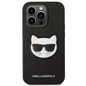 Karl Lagerfeld Saffiano Choupette Head Patch viedtālruņa apvalks iPhone 14 Pro - melns