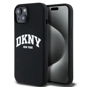 DKNY apvalks no šķidrā silikona MagSafe viedtālrunim iPhone 15 / 14 / 13 ar balto logotipu - melns (m)