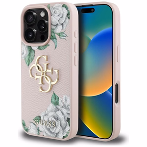 Guess Grained Roses Big 4G logo viedtālruņa apvalks iPhone 16 Pro Max - rozā