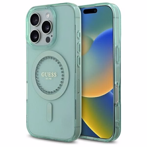 Guess IML Rhinestones Magnētiskais viedtālruņa apvalks iPhone 16 Pro - zaļš