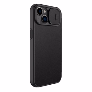 Nillkin Qin ādas apvalks iPhone 14 Plus ar kameras vāciņu un maciņu melns