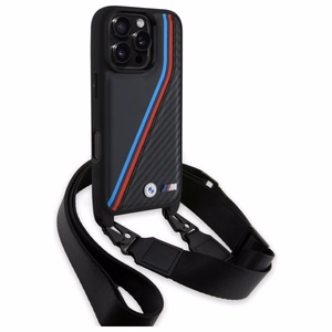 BMW M Edition Carbon Tricolor Lines & Strap Case for iPhone 16 Pro - Black