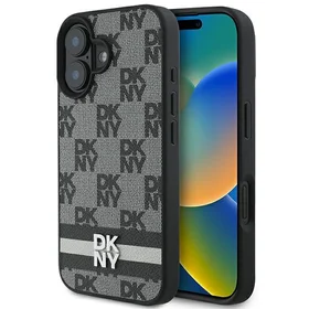 DKNY šachī raksts un drukātas svītras iPhone 16 apvalks melns
