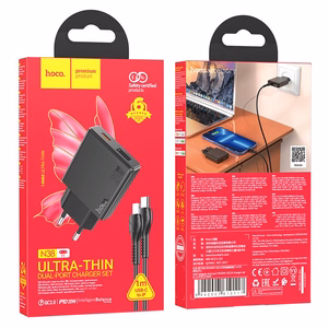 Зарядное устройство для телефона Hoco Slim USB A + USB C QC3.0 PD 3A 20W + кабель USB C to Lightning N38 чёрное