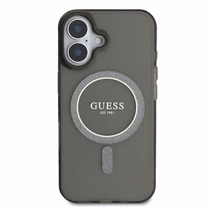 Guess IML Mirdzošs aplis MagSafe apvalks iPhone 16 - melns