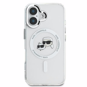 Karl Lagerfeld IML Metal Karl&Choupette Head magnētiskais viedtālruņa apvalks iPhone 16 - balts