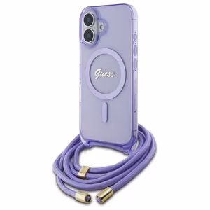 Guess soma pāri plecam viedtālruņa apvalks Cord Script MagSafe iPhone 16 – violets