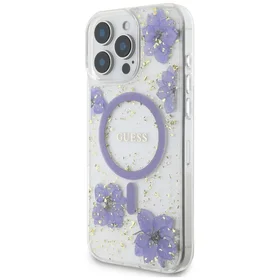Guess Viedtālruņa apvalks ar sveķu ziediem Magnētiskais iPhone 16 Pro - violeta