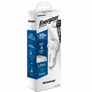 Energizer Ultimate D38WS auto lādētājs, USB-C + USB-A, 38 W PD + QC 3,0, baltā un sudraba krāsā