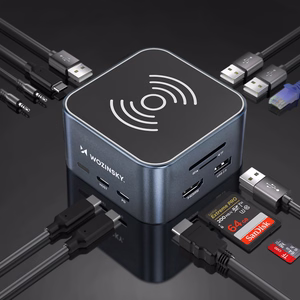 Hub USB-C 12 in 1 Wozinsky WHBC09Y8S daudzfunkcionāls, ar bezvadu uzlādes funkciju, alumīnijs, ar 15 cm kabeli - pelēks