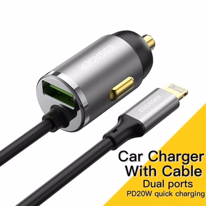 Automašīnas lādētājs Essager „Bee" pelēks (1xUSB) + integrēts „Lightning" kabelis 20W