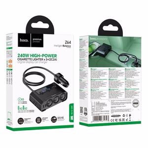 Auto lādētājs Hoco 2xUSB A + 2xUSB C+3x cigarešu šķiltavas pieslēgvietas PD QC3.0 240W Z64 melns
