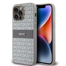 DKNY Ādas mono svītra un metāla logotips viedtālruņa apvalks iPhone 14 Pro Max - bēšs