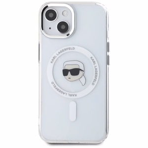 Karl Lagerfeld IML Metāla Karla Galvas Magnētiskais viedtālruņa apvalks iPhone 15 Plus balts