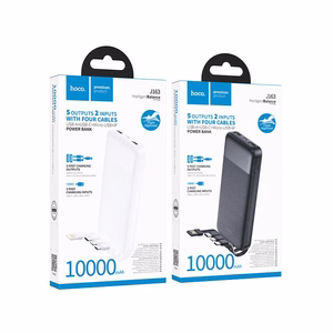 Portatīvais lādētājs Hoco 10000 mAh 2A ar četriem iebūvētiem kabeļiem USB A + USB C + Lightning + Micro USB J163 melns