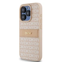 DKNY Ādas mono svītra un metāla logotips viedtālruņa apvalks iPhone 15 Pro - rozā