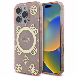 Guess IML Peony On 4G Background Magnētiskais viedtālruņa apvalks iPhone 16 Pro - rozā