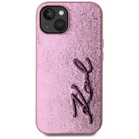 Karl Lagerfeld Wrinkled Metal Signature viedtālruņa apvalks iPhone 15 - rozā