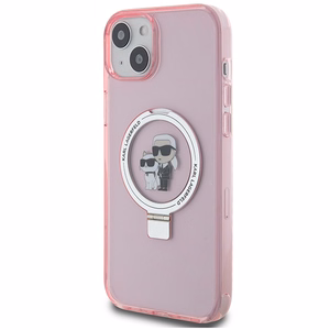 Karl Lagerfeld apvalks ar gredzena statīvu Karl&Choupette Magnētiskais iPhone 15 Plus - rozā