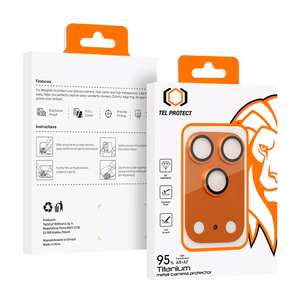 Tempered stikls Tel Protect 95% AR+AF Full Metal kameras aizsargs on camera for Iphone 17 Pro oranžs (camera island)