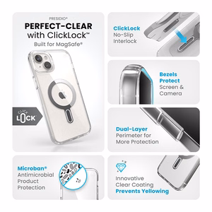 Speck Presidio Perfect-Clear MagSafe vāciņš ar ClickLock ierīcei iPhone 15 Plus / 14 Plus, caurspīdīgs ar hroma krāsas gredzenu