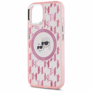 Karl Lagerfeld IML Monogramma Karl & Choupette Head Magnētiskais iPhone 15 Plus viedtālruņa apvalks - rozā