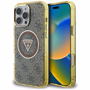 Guess IML Metal Glitter 4G Circle Triangle magnētiskais viedtālruņa apvalks iPhone 16 Pro Max - brūns