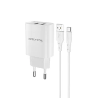 Borofone Sienas lādētājs BN2 Super - 2xUSB - 2,1A ar USB uz Type C balts