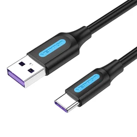 USB 2.0 A uz USB-C kabelis Vention CORBI, 5A, 3 m, melns PVC